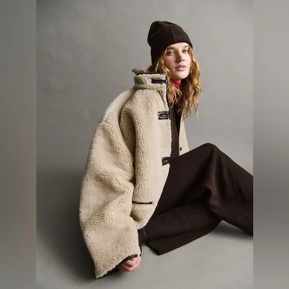 NWT Gap Cream Sherpa & Faux Brown Leather Oversized Jacket Coat Size L Vegan - Picture 4 of 16